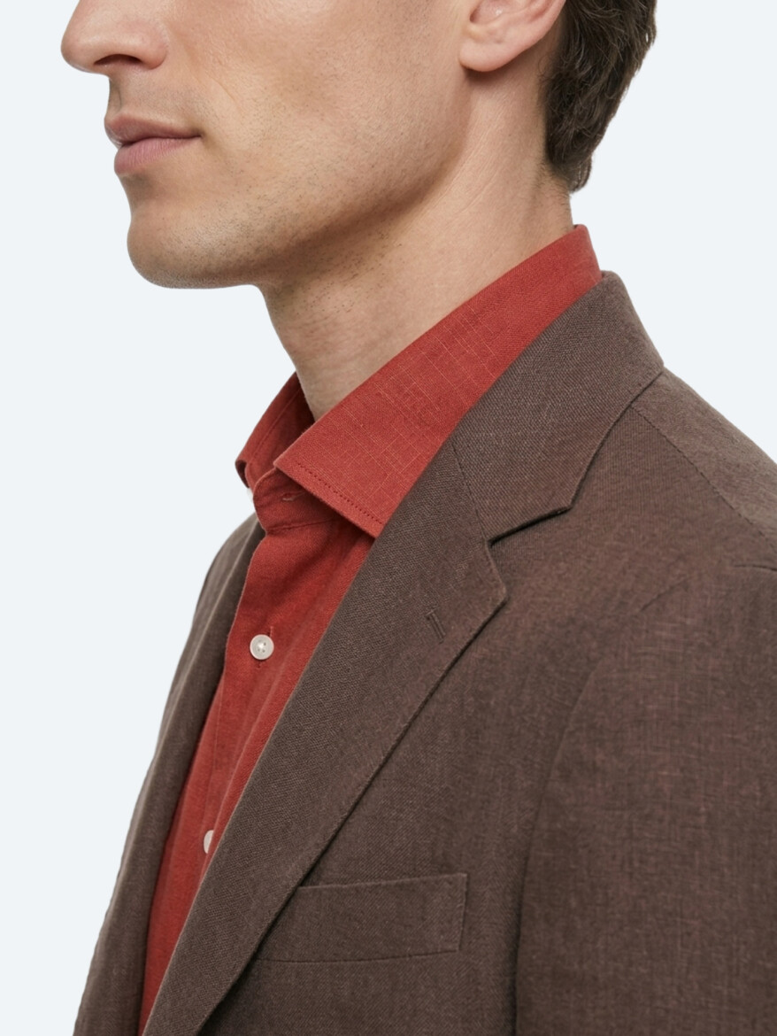 Kahverengi Düz Modern Fit %100 Keten Ceket - 5