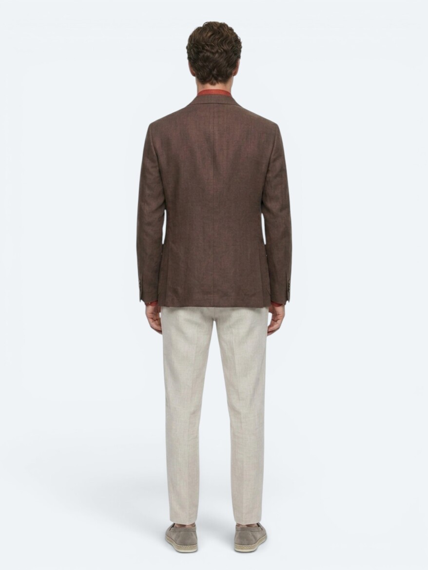 Kahverengi Düz Modern Fit %100 Keten Ceket - 6