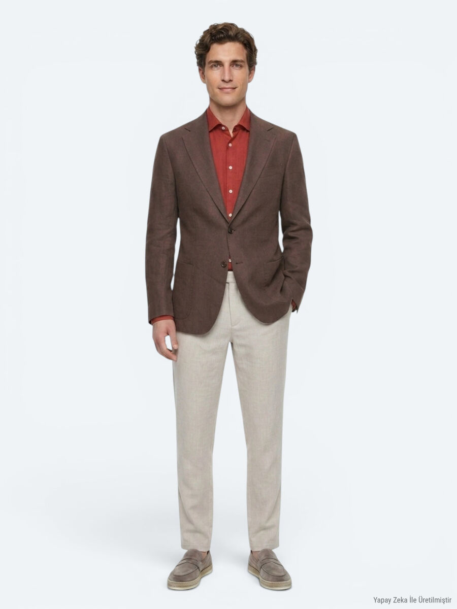 Kahverengi Düz Modern Fit %100 Keten Ceket - 4