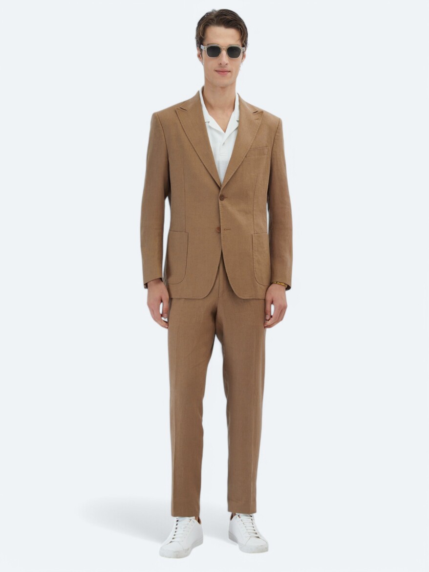 Kahverengi Düz Modern Fit %100 Keten Takım Elbise - KİP