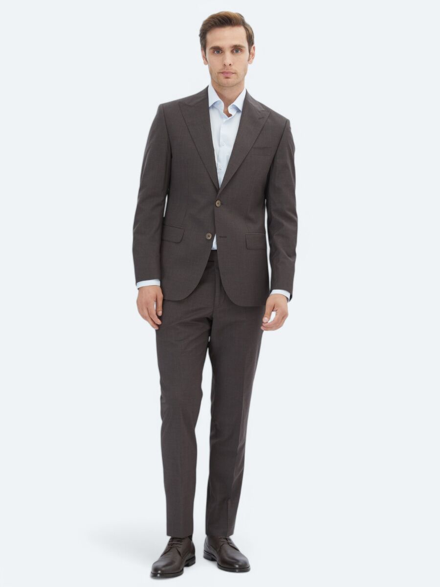 Kahverengi Düz Modern Fit %100 Yün Takım Elbise - 2