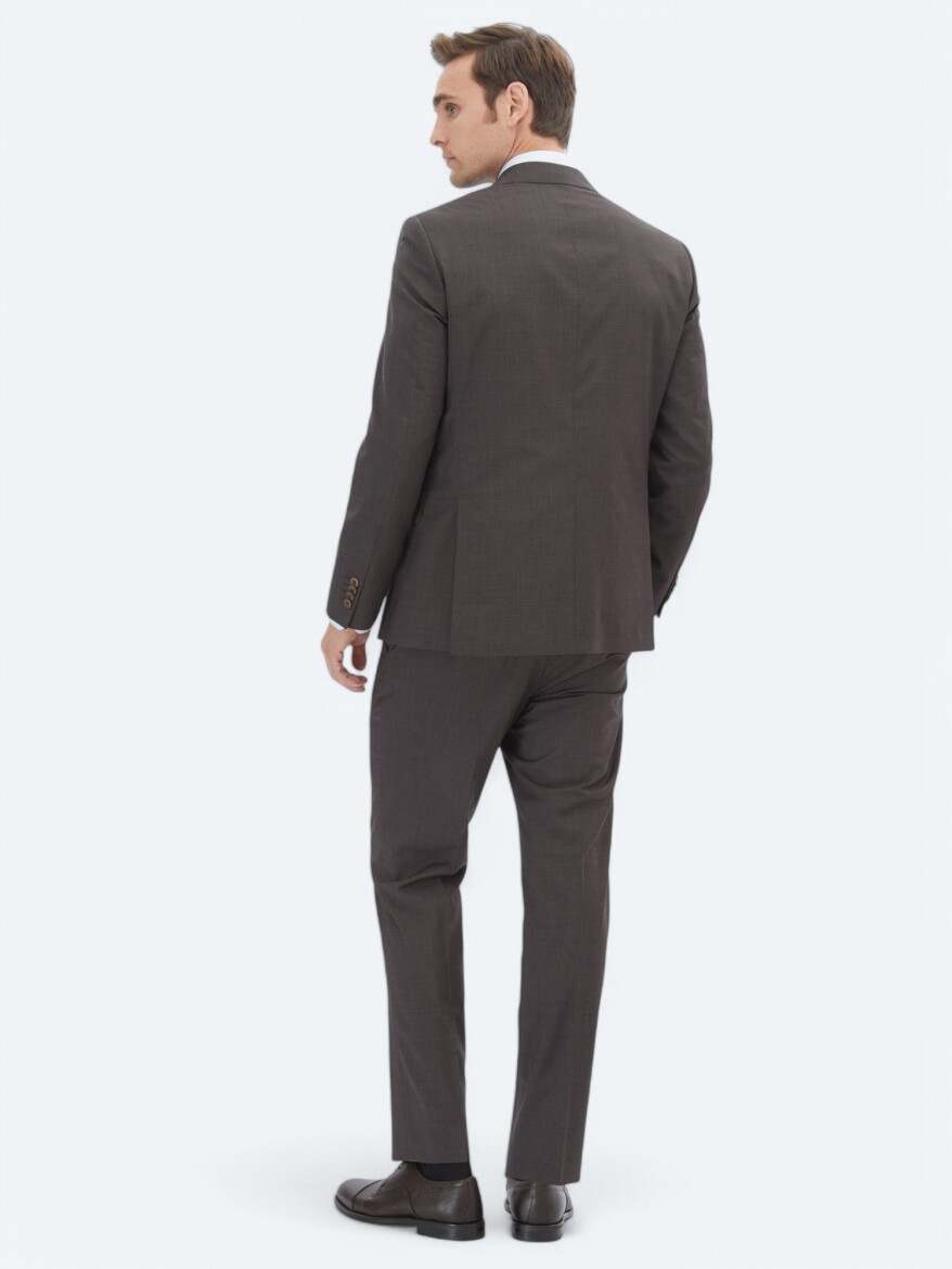Kahverengi Düz Modern Fit %100 Yün Takım Elbise - 5