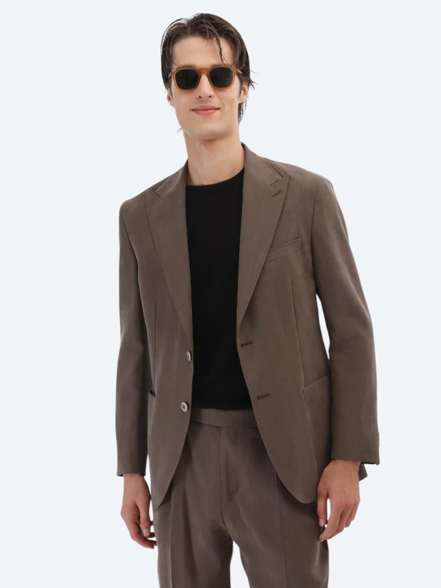 Kahverengi Düz Modern Fit Takım Elbise - 2