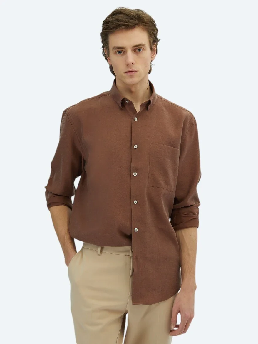 Kahverengi Düz Oversize Fit Dokuma Casual Gömlek - KİP
