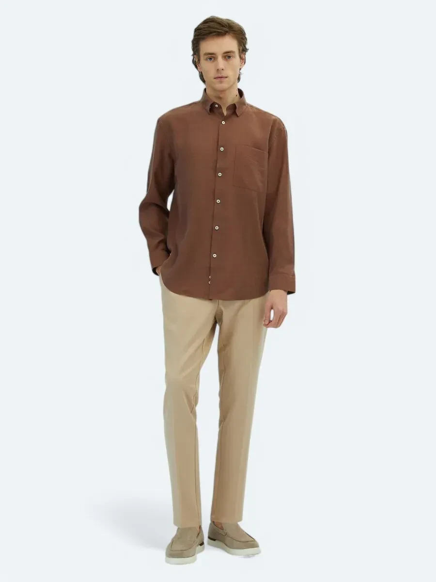 Kahverengi Düz Oversize Fit Dokuma Casual Gömlek - 2
