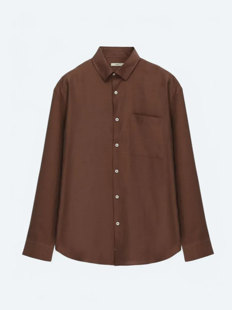 Kahverengi Düz Oversize Fit Dokuma Casual Gömlek - 5