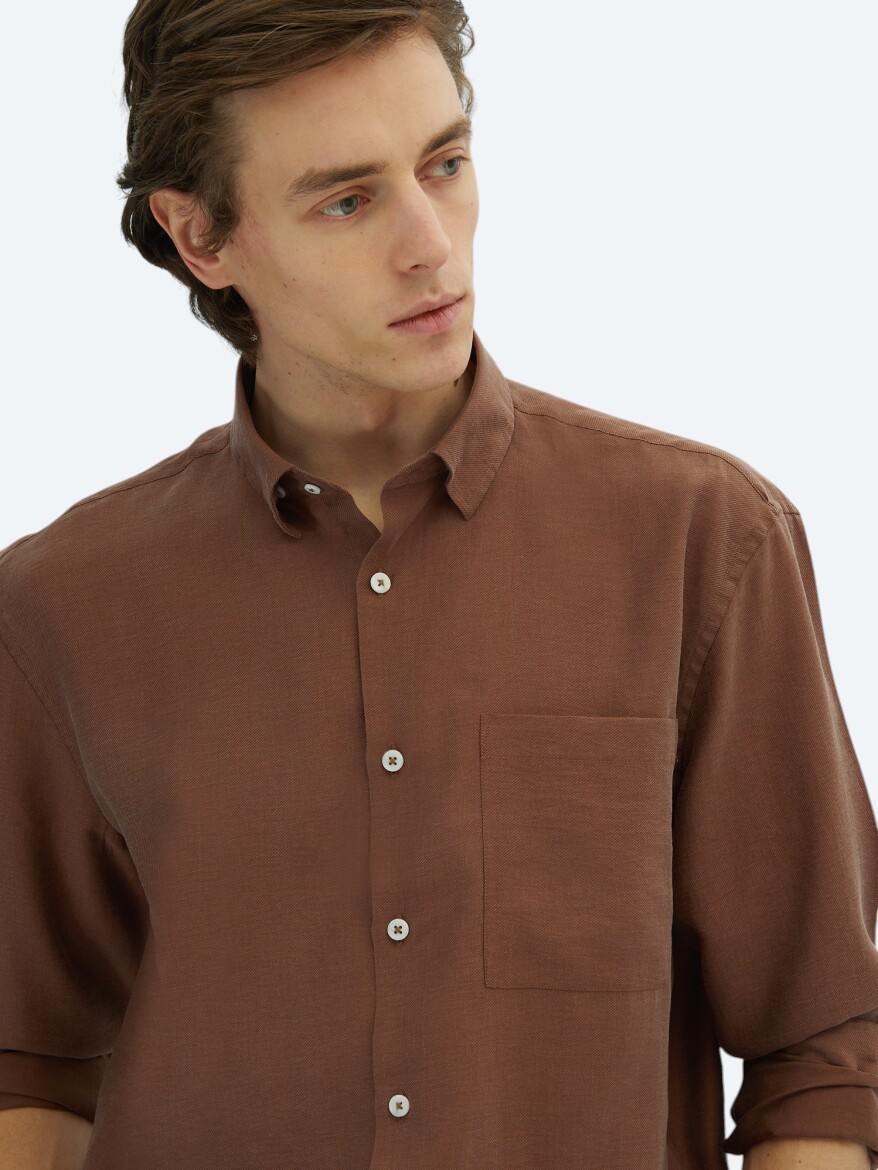 Kahverengi Düz Oversize Fit Dokuma Casual Gömlek - 3