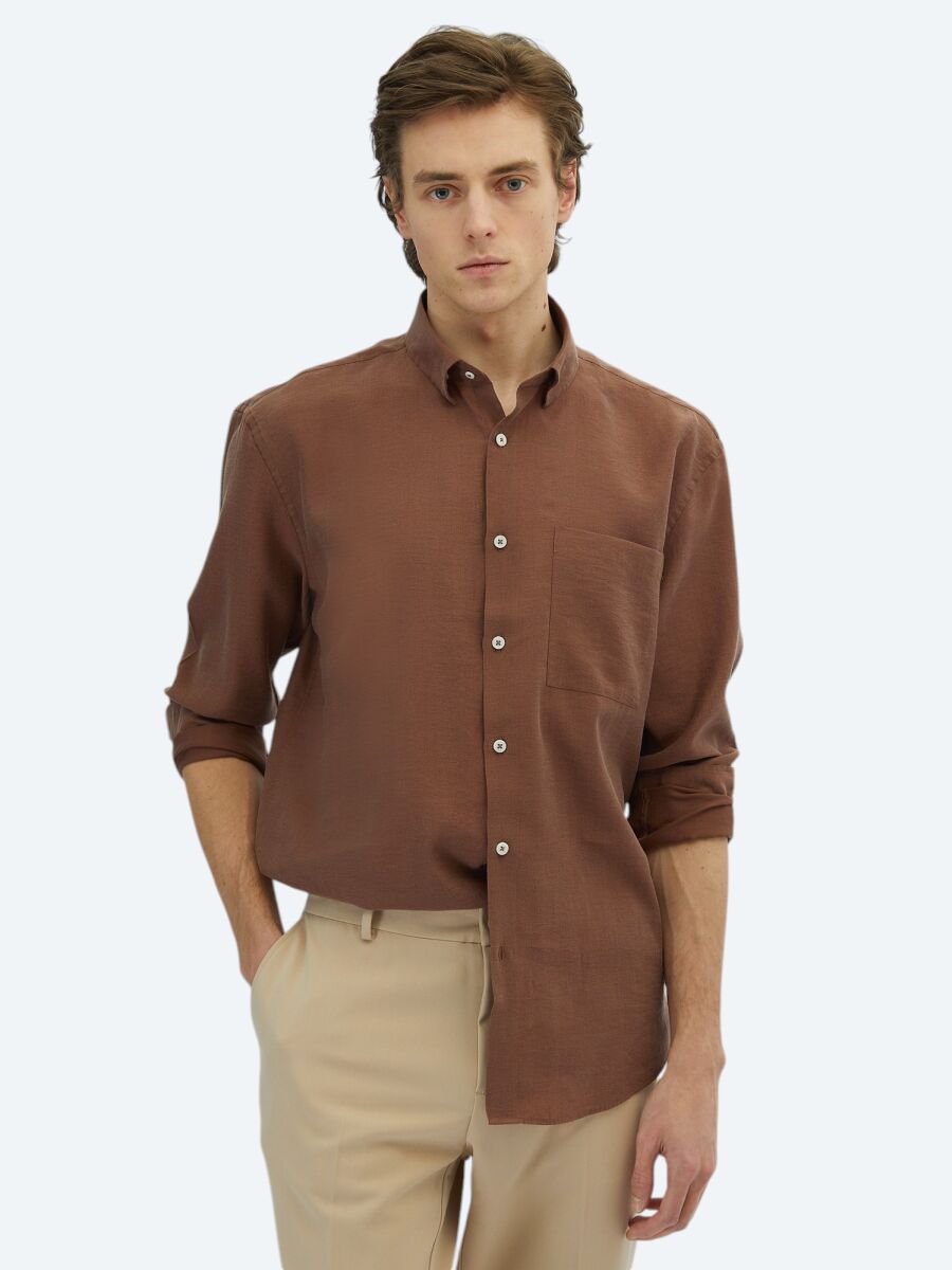 Kahverengi Düz Oversize Fit Uzun Dokuma Casual Gömlek - 1
