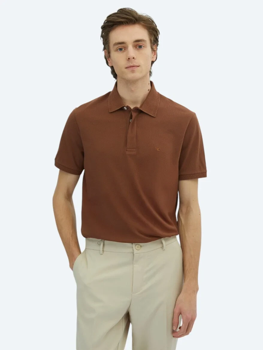 Kahverengi Düz Polo Yaka %100 Pamuk T-Shirt - 1