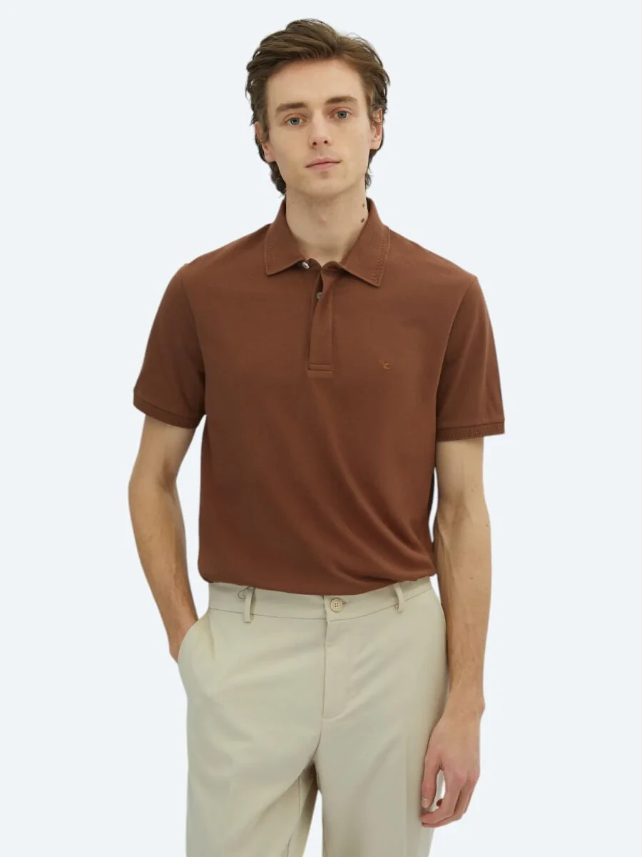 Kahverengi Düz Polo Yaka %100 Pamuk T-Shirt - 1