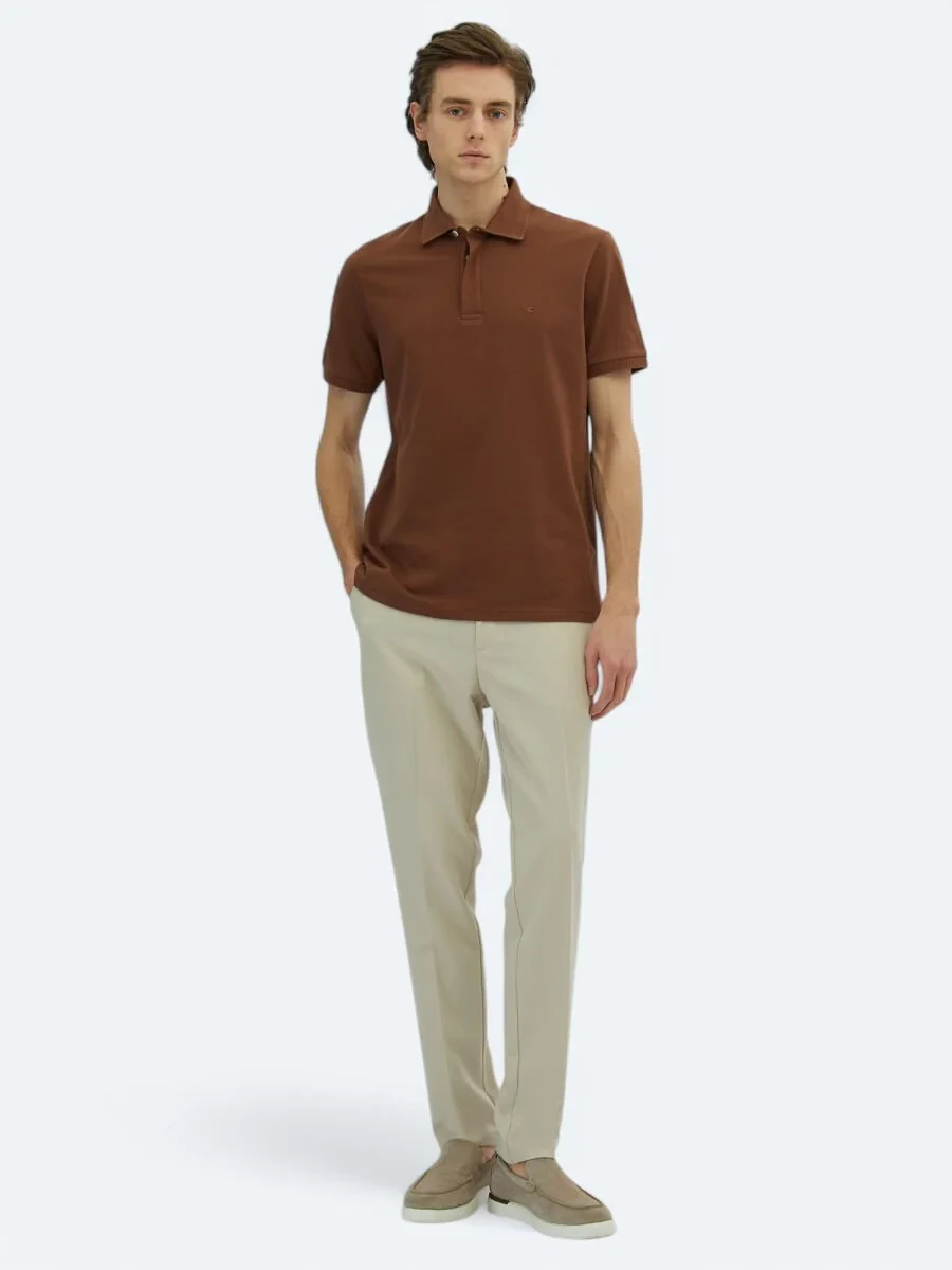 Kahverengi Düz Polo Yaka %100 Pamuk T-Shirt - 2
