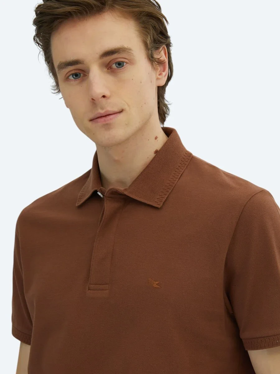 Kahverengi Düz Polo Yaka %100 Pamuk T-Shirt - 3