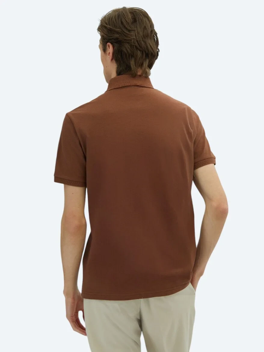 Kahverengi Düz Polo Yaka %100 Pamuk T-Shirt 