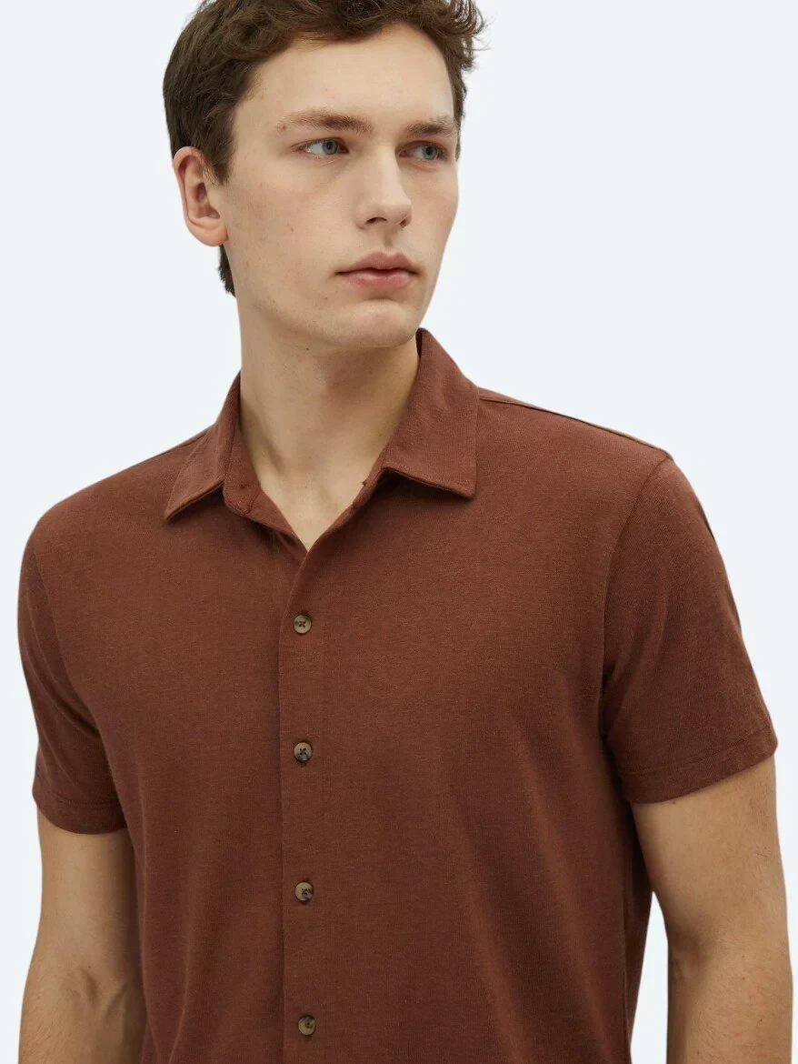 Kahverengi Düz Regular Fit Casual Pamuk Karışımlı Gömlek 