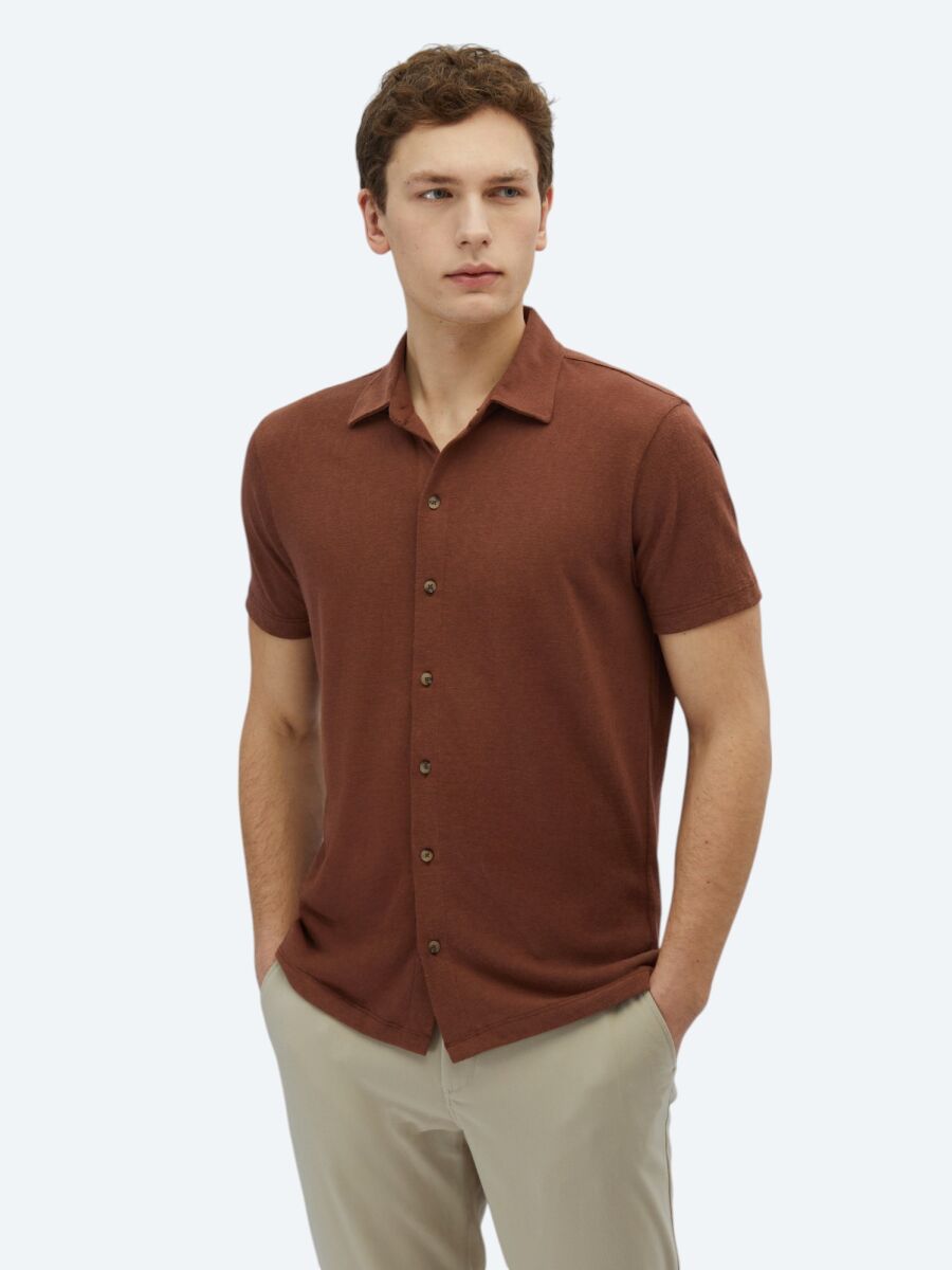 Kahverengi Düz Regular Fit Casual Pamuk Karışımlı Gömlek - 1