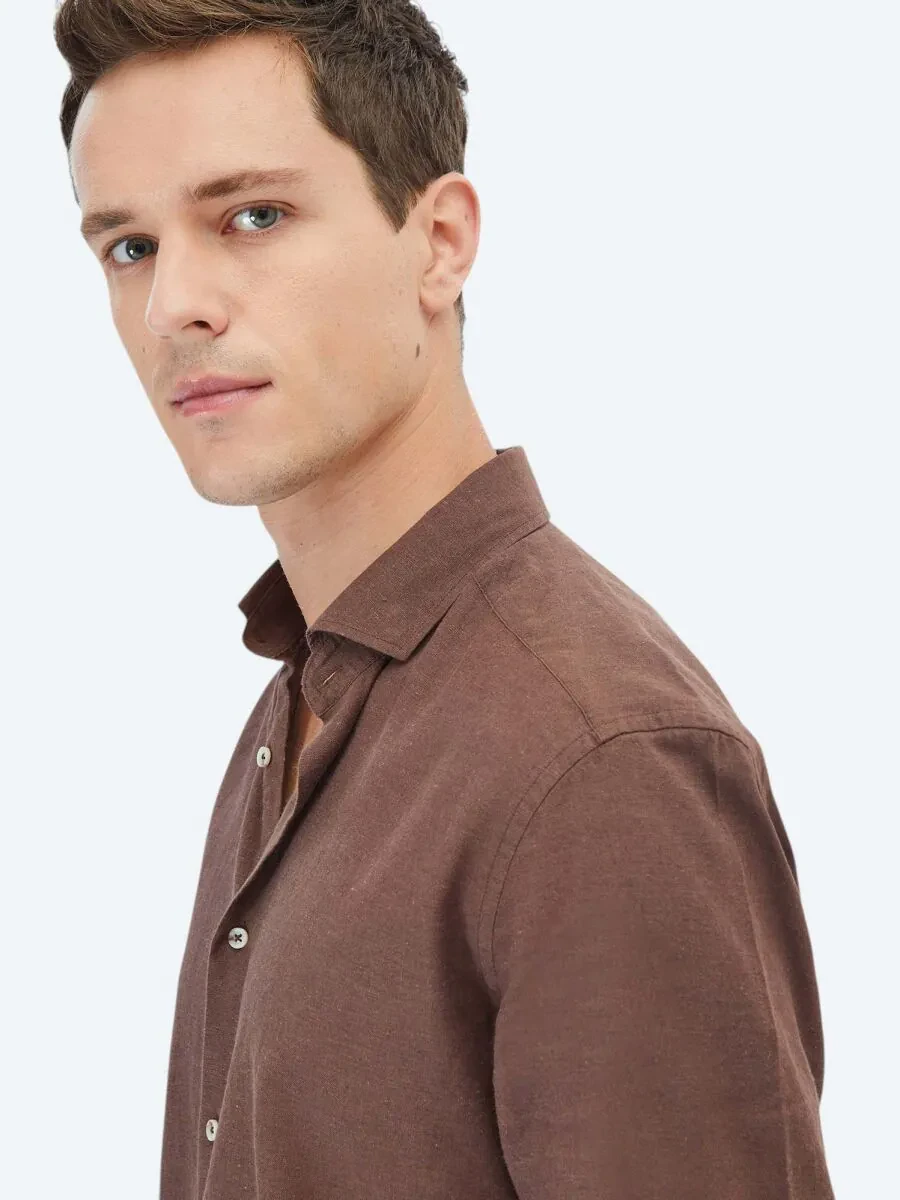 Kahverengi Düz Regular Fit Dokuma Casual Pamuk Karışımlı Gömlek - 5