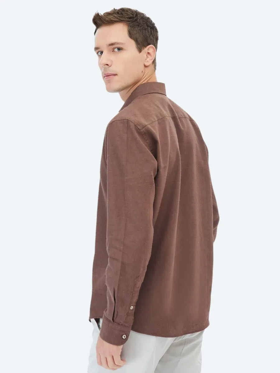 Kahverengi Düz Regular Fit Dokuma Casual Pamuk Karışımlı Gömlek - 6