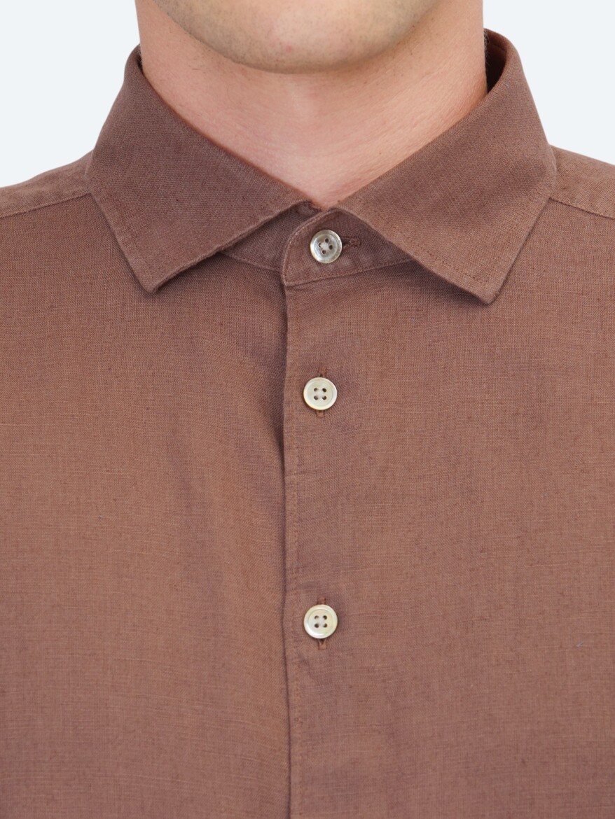 Kahverengi Düz Regular Fit Dokuma Casual Pamuk Karışımlı Gömlek - 4