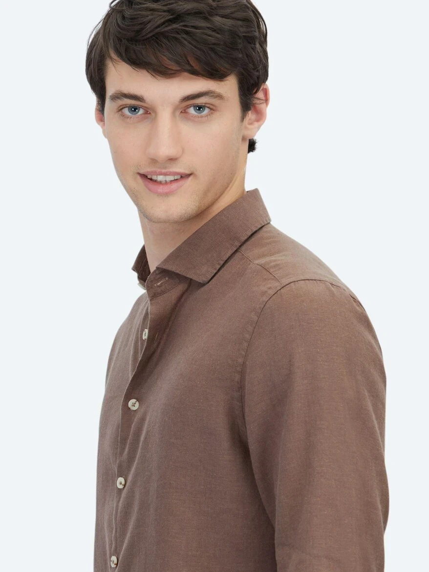 Kahverengi Düz Regular Fit Dokuma Casual Pamuk Karışımlı Gömlek 