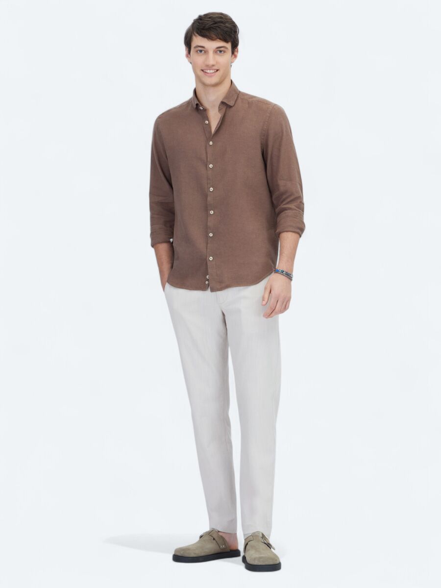 Kahverengi Düz Regular Fit Dokuma Casual Pamuk Karışımlı Gömlek - 2