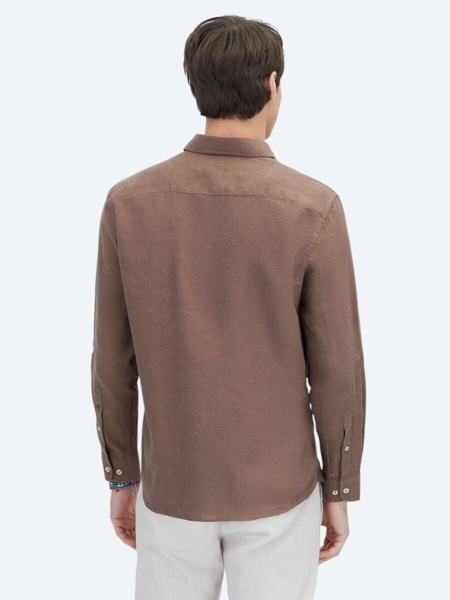 Kahverengi Düz Regular Fit Dokuma Casual Pamuk Karışımlı Gömlek - 5