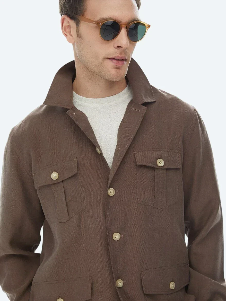 Kahverengi Düz Regular Fit Dokuma Overshırt - 3