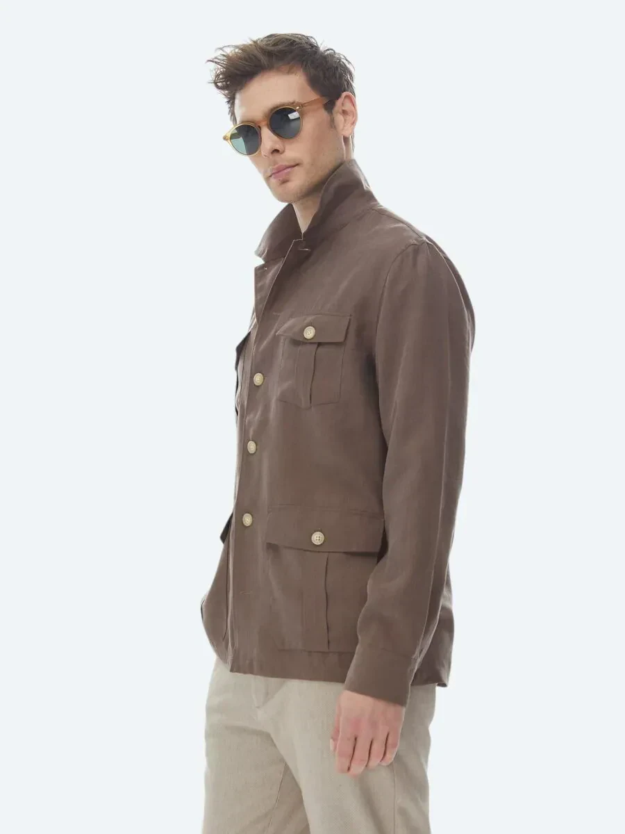 Kahverengi Düz Regular Fit Dokuma Overshırt - 4