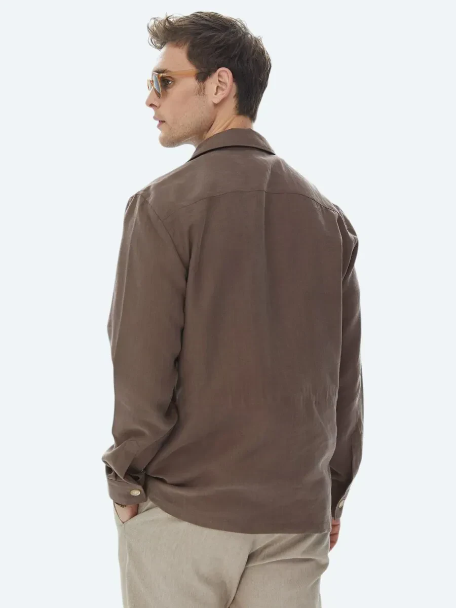 Kahverengi Düz Regular Fit Dokuma Overshırt - 10