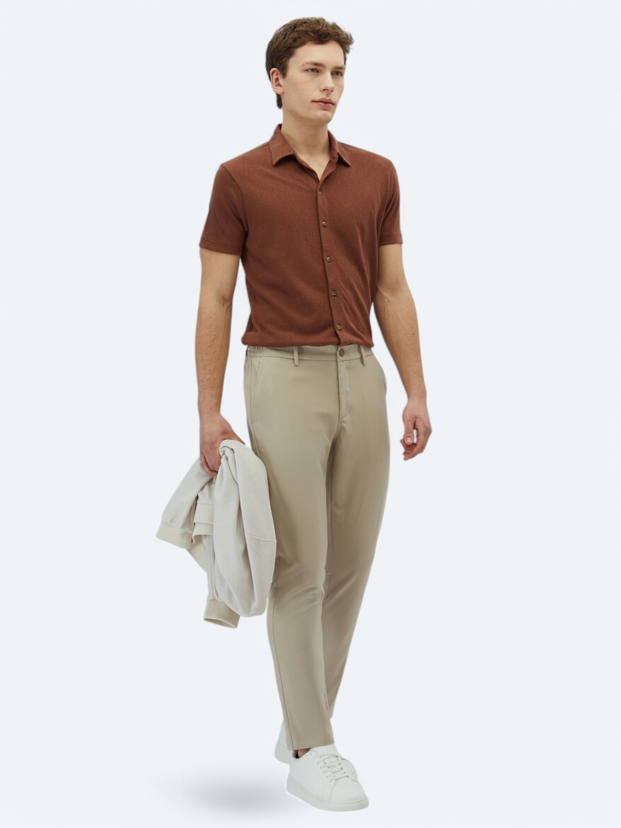 Kahverengi Düz Regular Fit Kısa Casual Pamuk Karışımlı Gömlek - 3