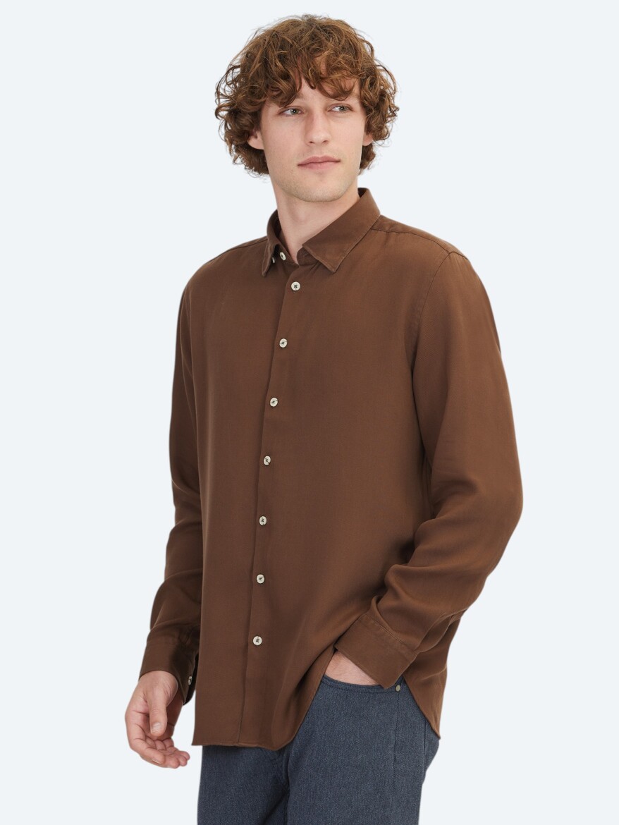 Kahverengi Düz Regular Fit Uzun Dokuma Casual Gömlek 