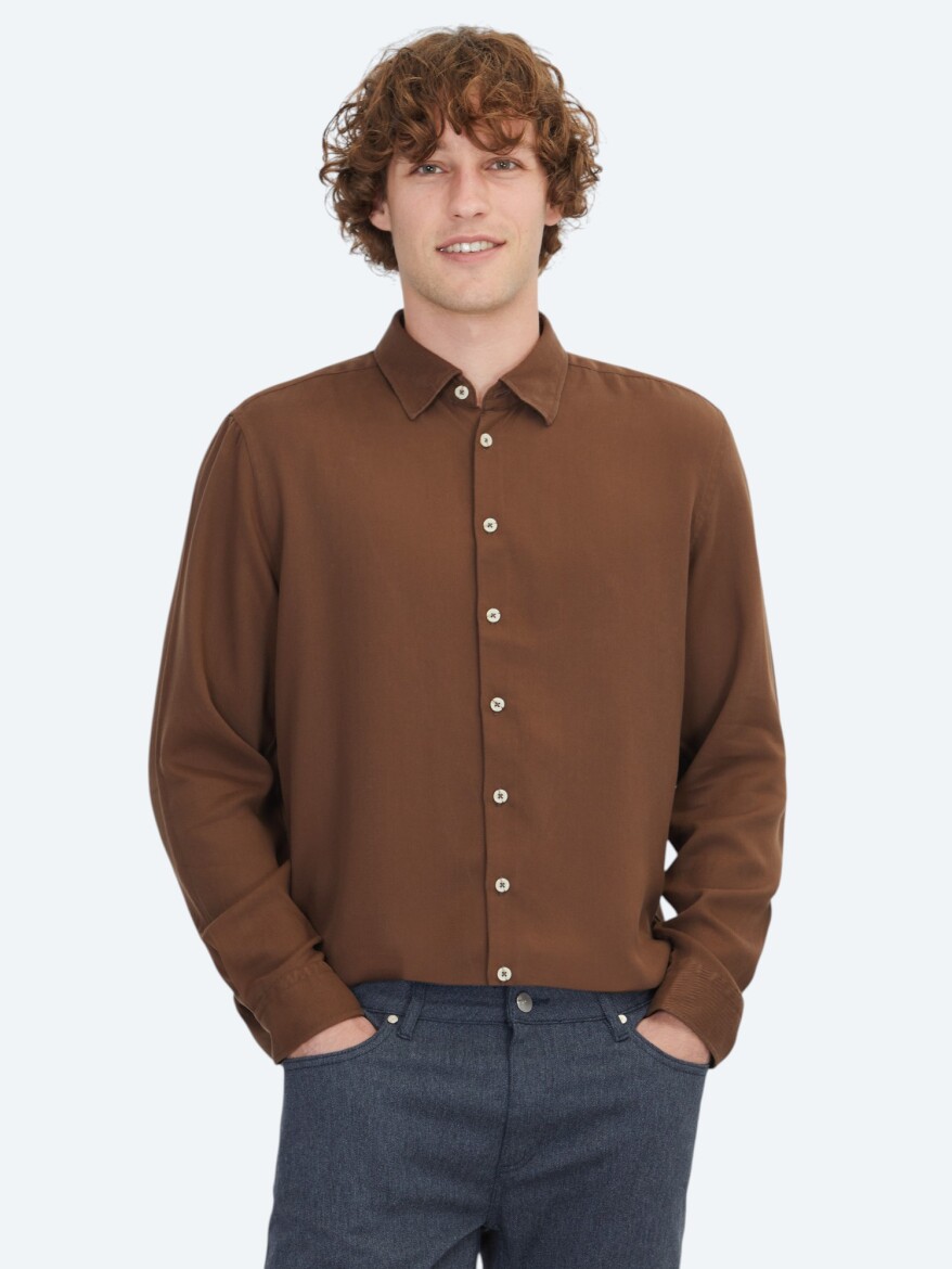 Kahverengi Düz Regular Fit Uzun Dokuma Casual Gömlek - 3