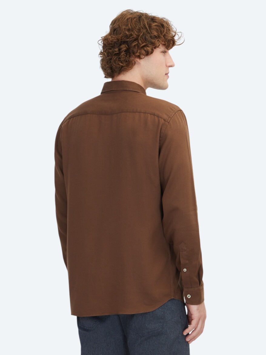 Kahverengi Düz Regular Fit Uzun Dokuma Casual Gömlek - 5