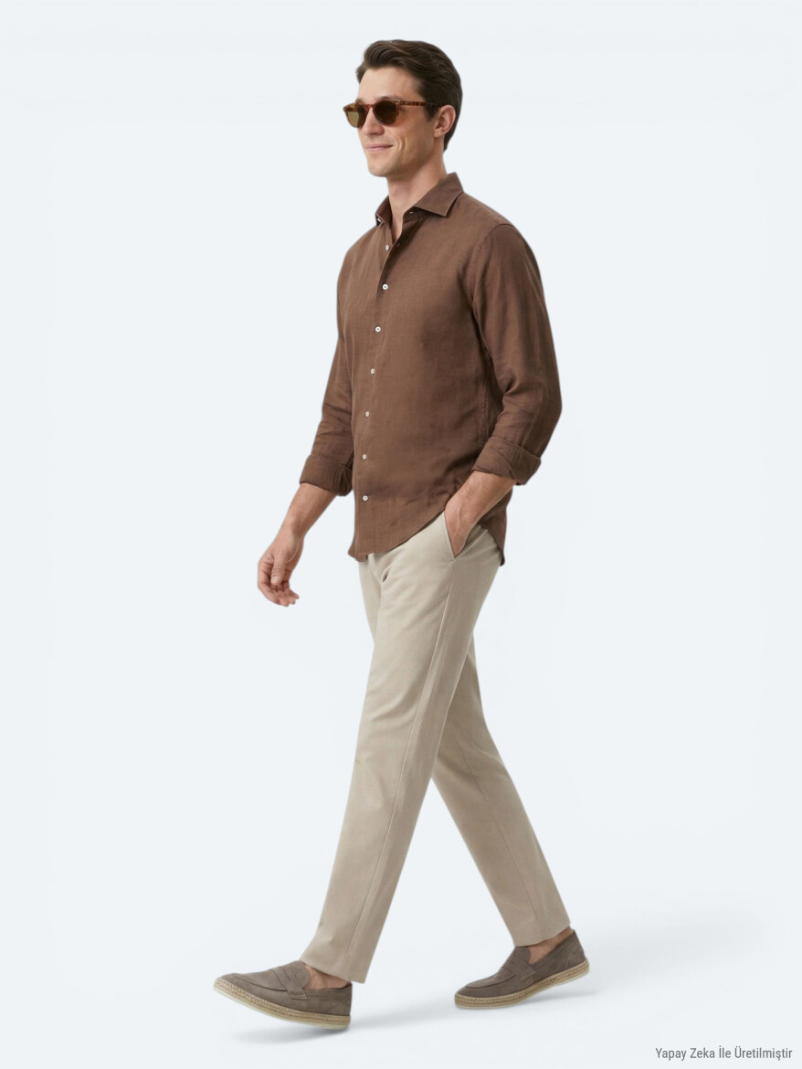 Kahverengi Düz Regular Fit Uzun Dokuma Casual Pamuk Karışımlı Gömlek - 4