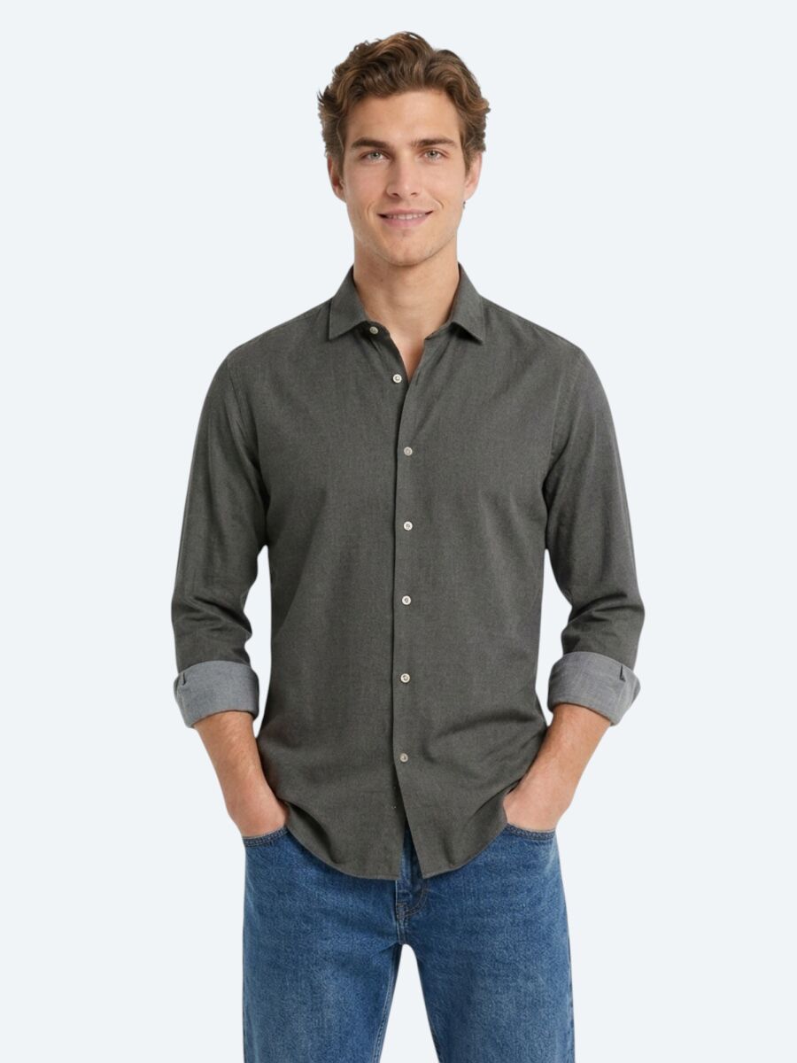 Kahverengi Düz Regular Fit Uzun Dokuma Casual Pamuk Karışımlı Gömlek - 4