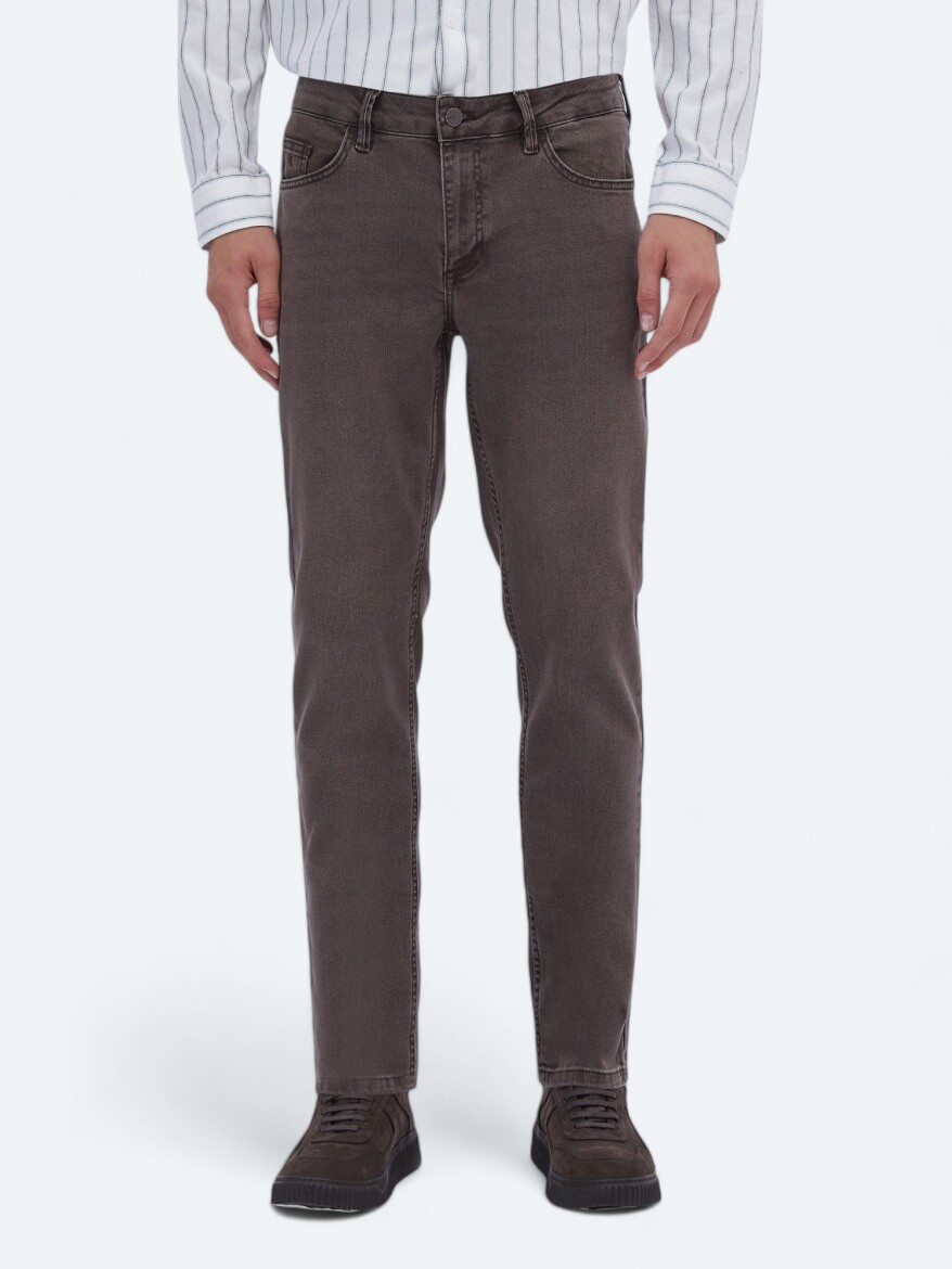 Kahverengi Düz Slim Fit Denim Pamuk Karışımlı Pantolon - KİP