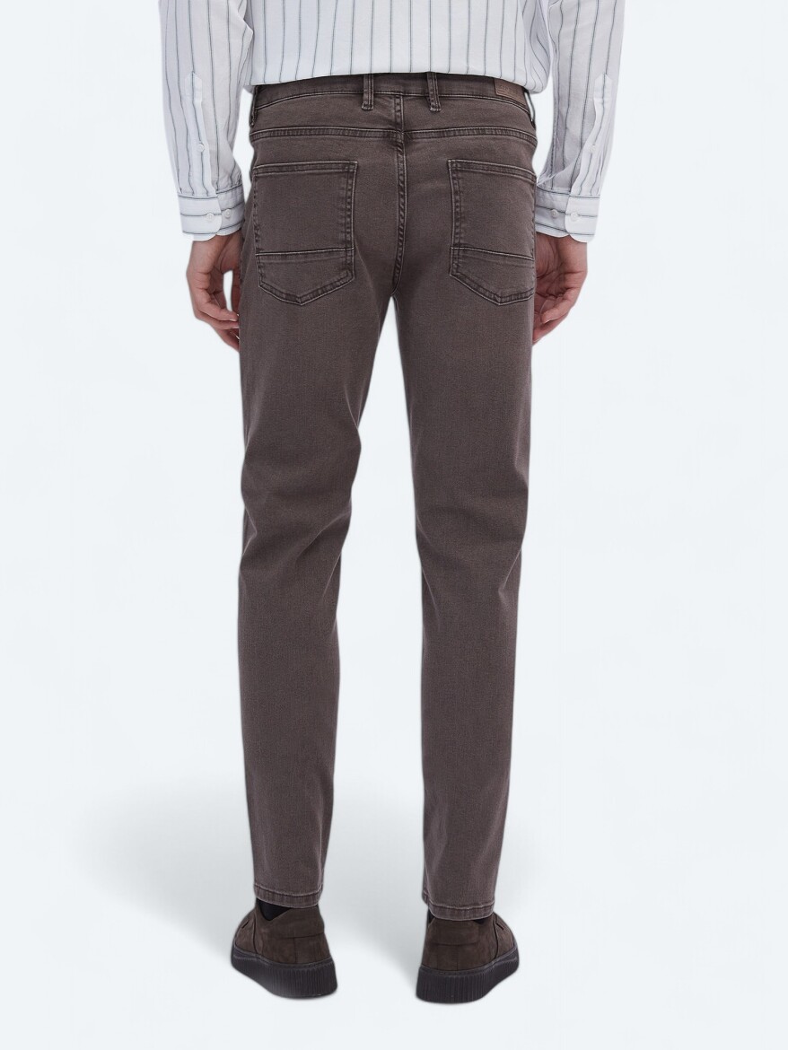 Kahverengi Düz Slim Fit Denim Pamuk Karışımlı Pantolon - 4