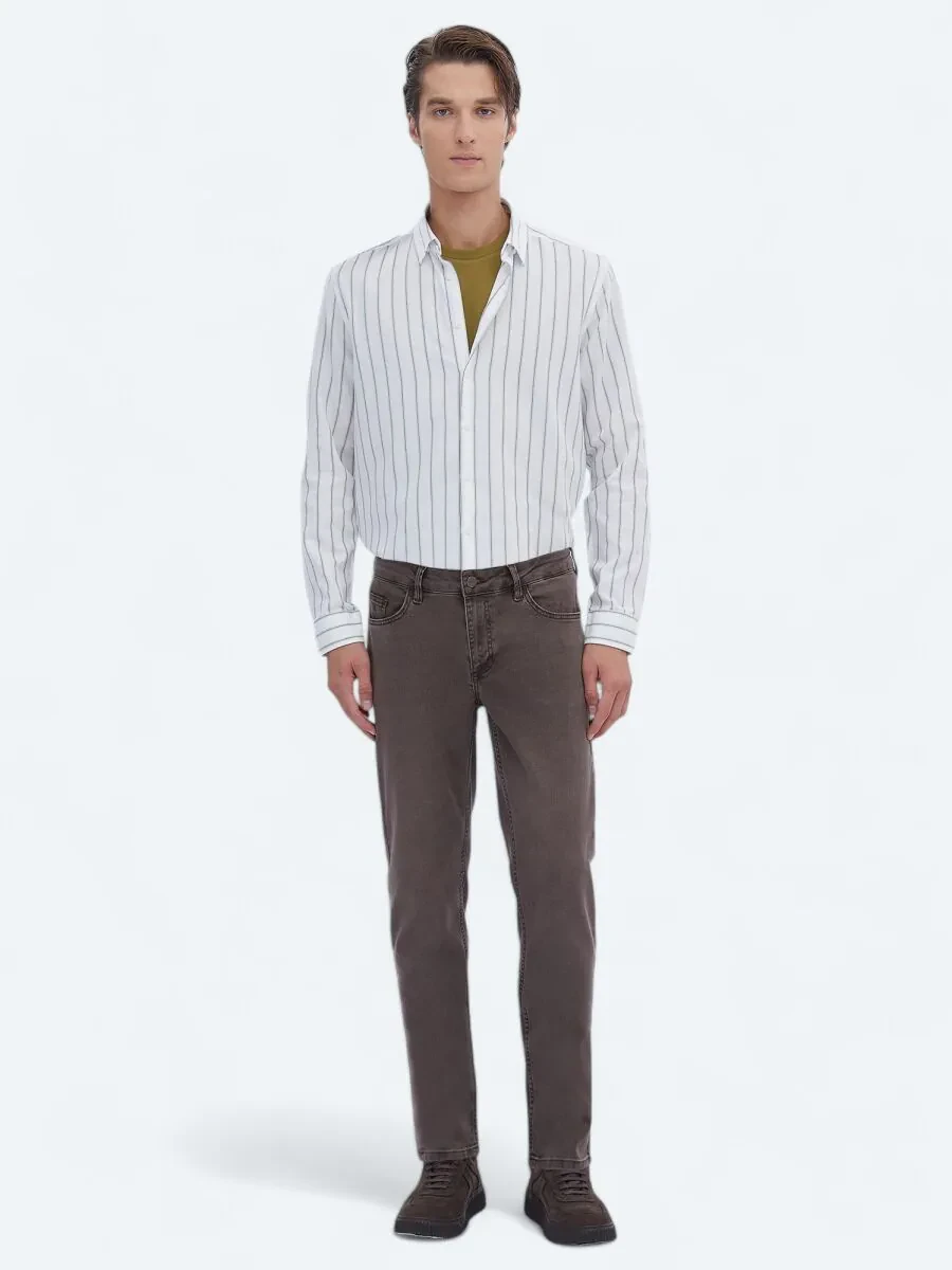 Kahverengi Düz Slim Fit Denim Pamuk Karışımlı Pantolon - 1