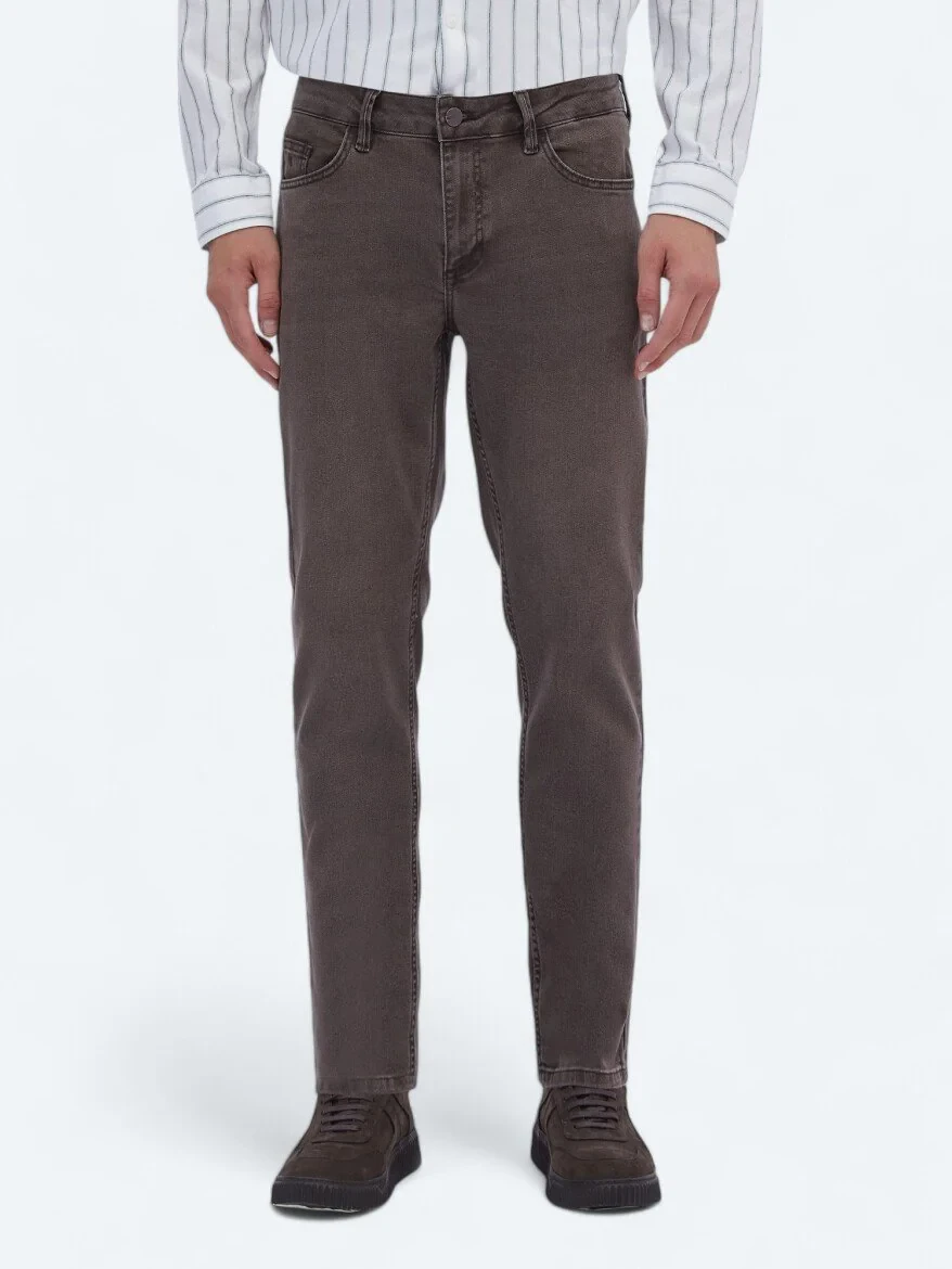 Kahverengi Düz Slim Fit Denim Pamuk Karışımlı Pantolon - 2