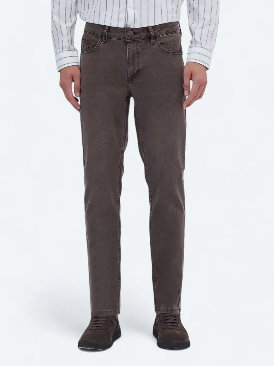 Kahverengi Düz Slim Fit Denim Pamuk Karışımlı Pantolon - 2