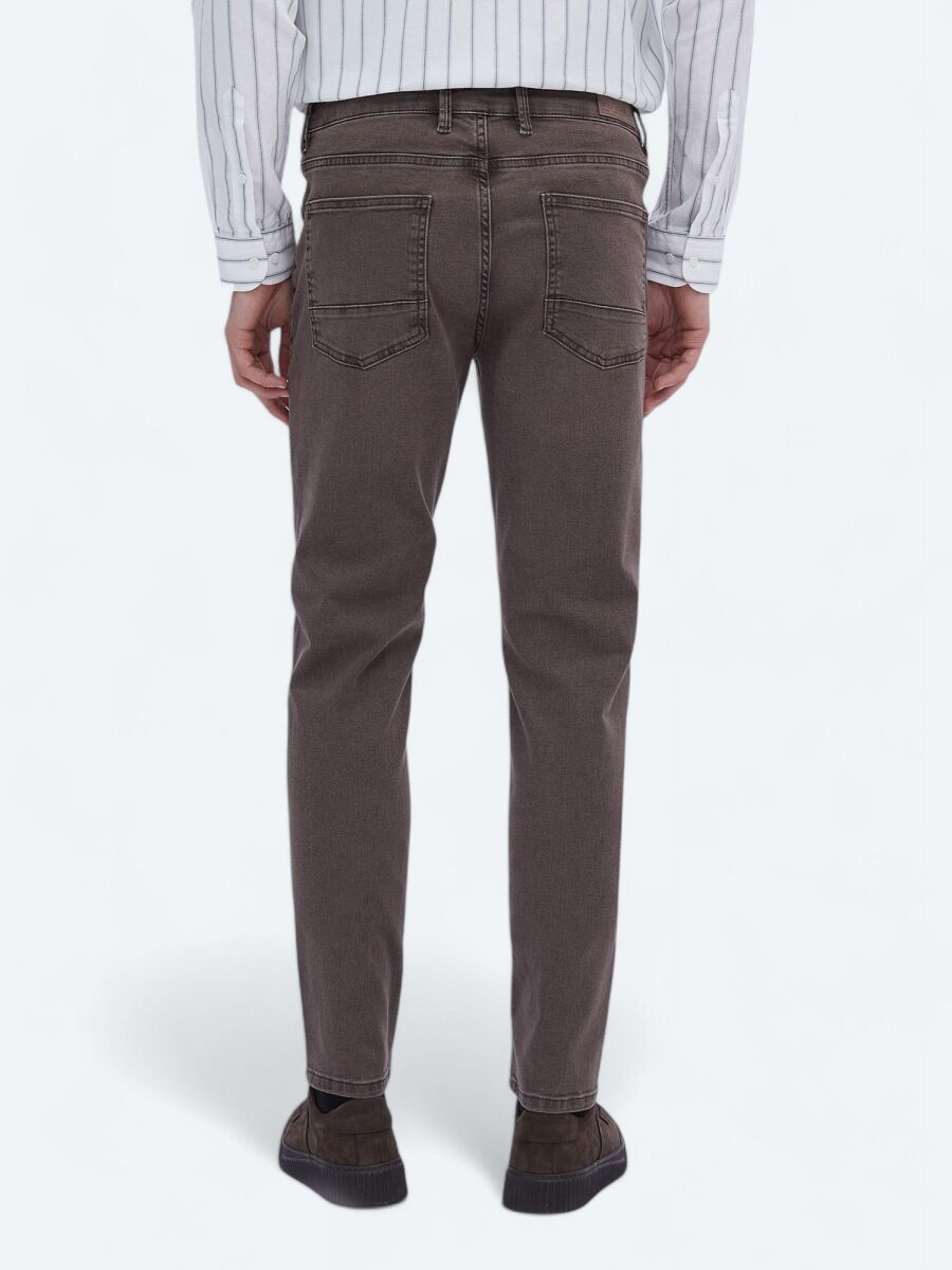 Kahverengi Düz Slim Fit Denim Pamuk Karışımlı Pantolon - 4