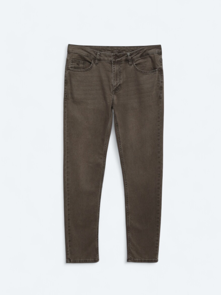 Kahverengi Düz Slim Fit Denim Pamuk Karışımlı Pantolon - 5