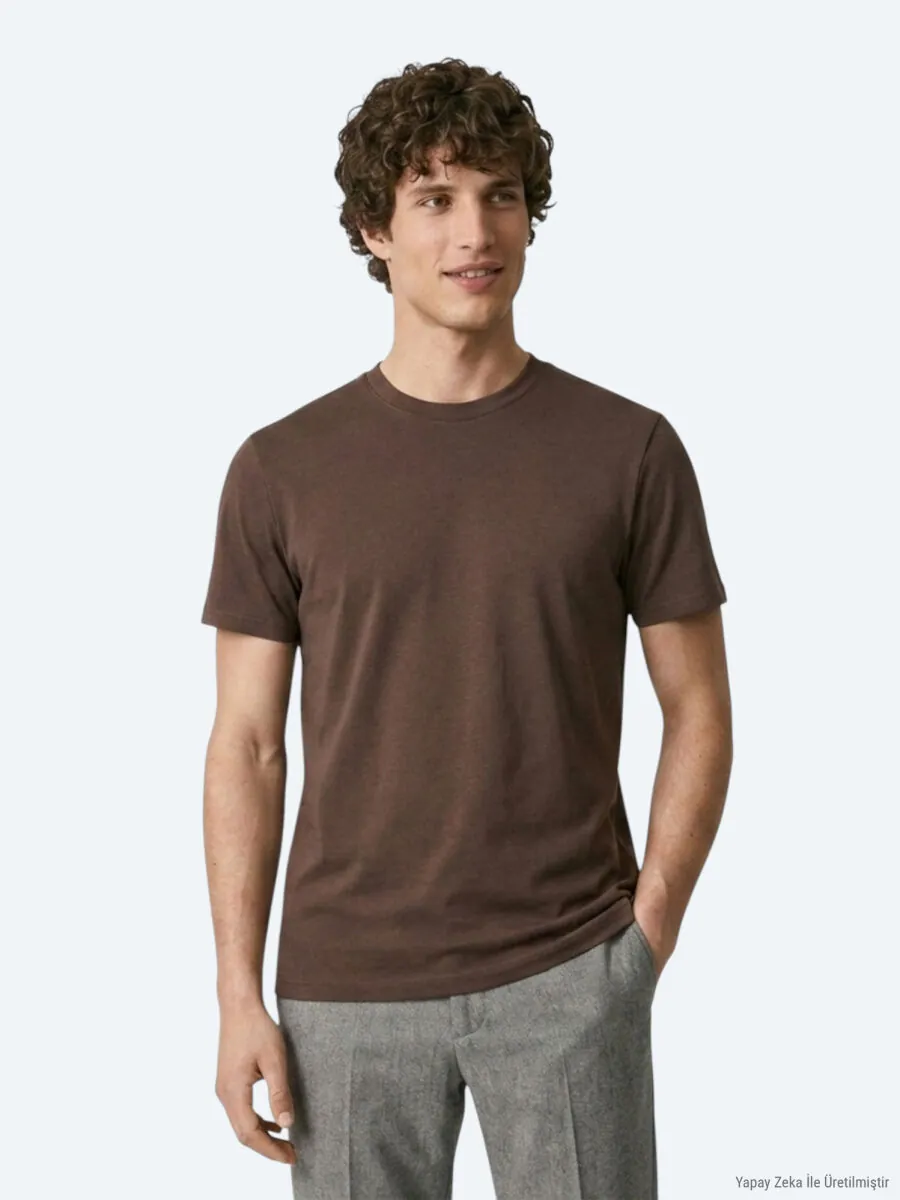 Kahverengi Düz T-Shirt - 1
