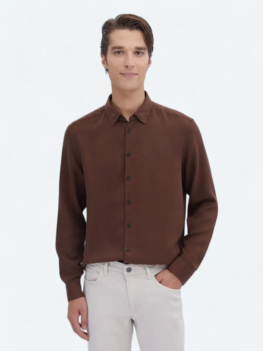 Kahverengi Fitilli Regular Fit Dokuma Casual Gömlek - 1