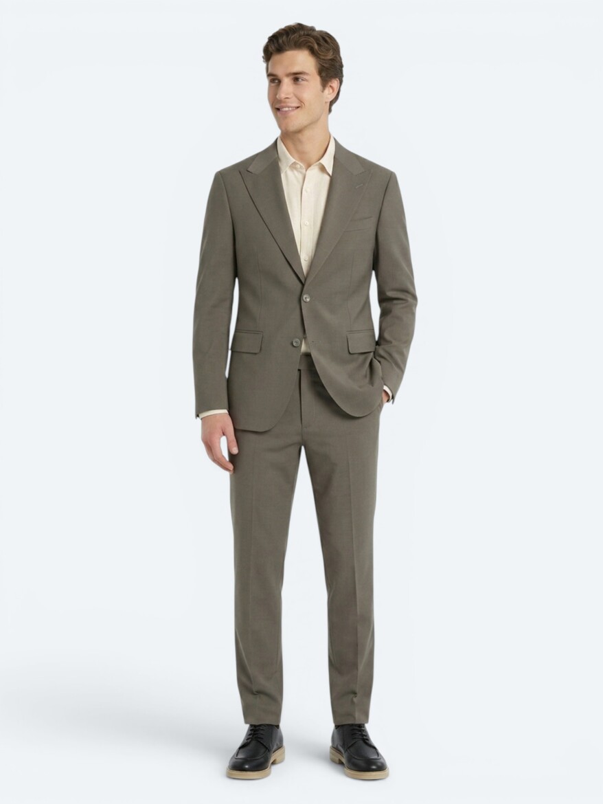 Kahverengi Kareli Modern Fit %100 Yün Takım Elbise - KİP
