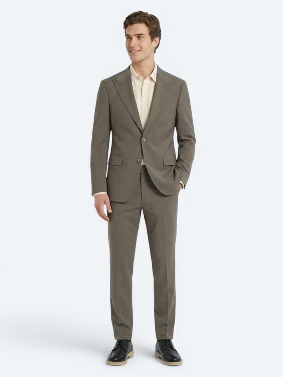 Kahverengi Kareli Modern Fit %100 Yün Takım Elbise - 1