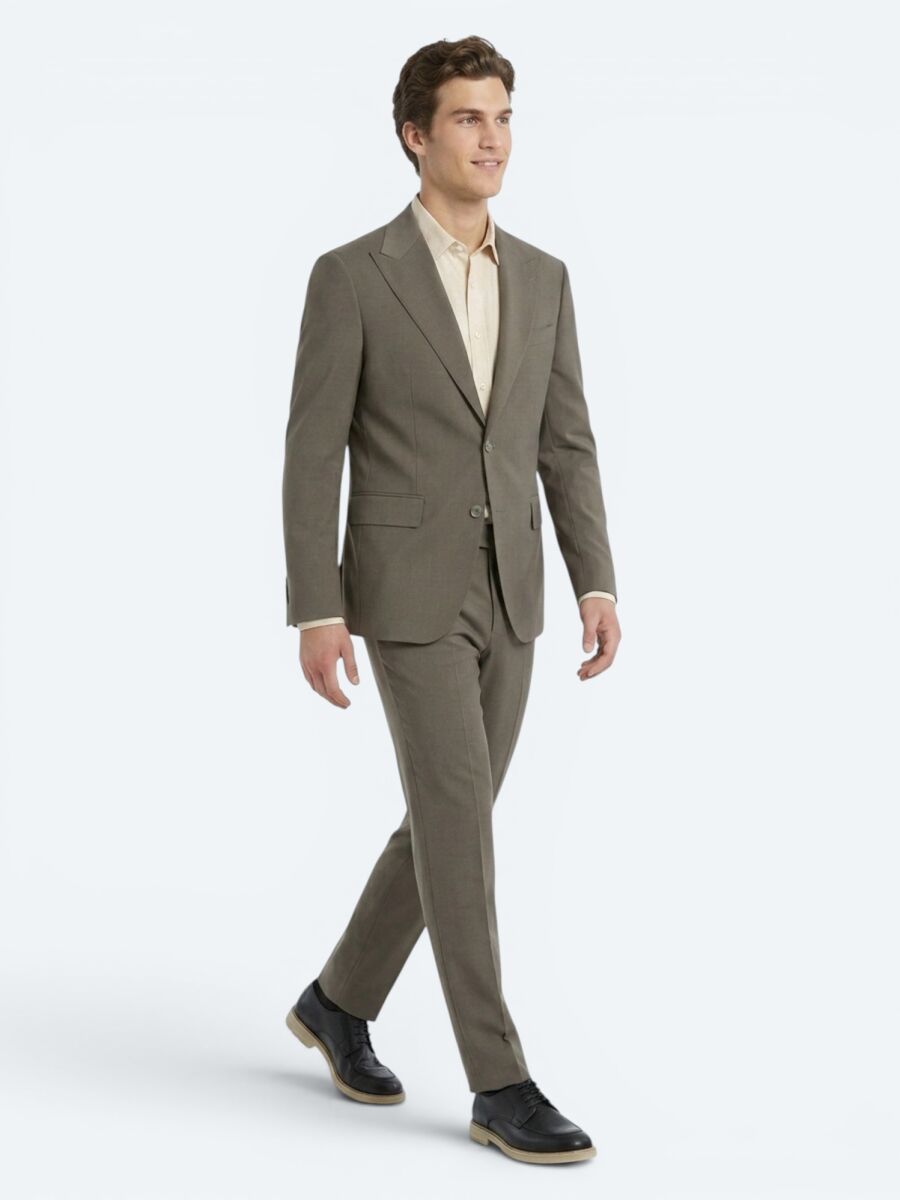 Kahverengi Kareli Modern Fit %100 Yün Takım Elbise - 3