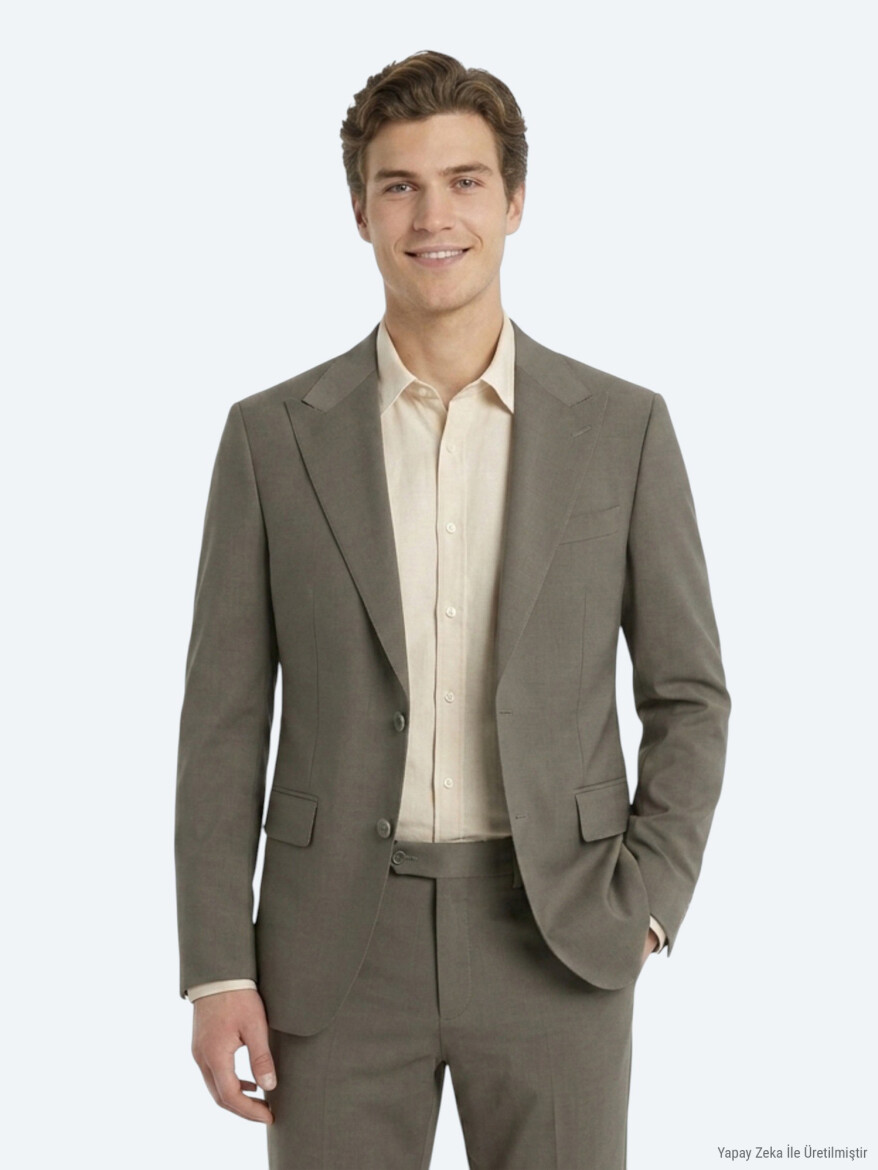 Kahverengi Kareli Modern Fit %100 Yün Takım Elbise - KİP