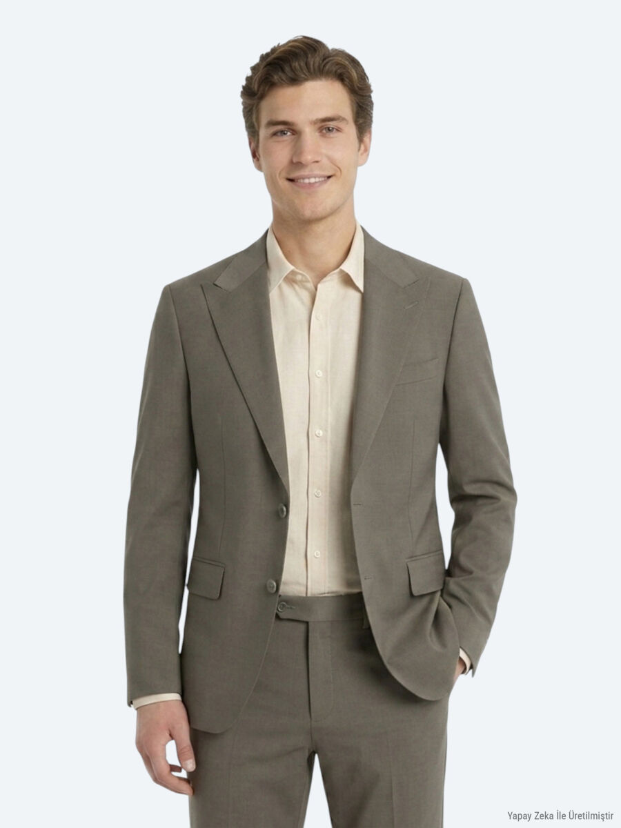 Kahverengi Kareli Modern Fit %100 Yün Takım Elbise - 2