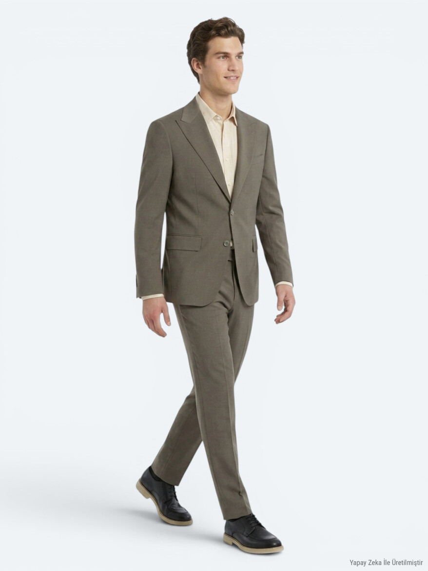 Kahverengi Kareli Modern Fit %100 Yün Takım Elbise - 3