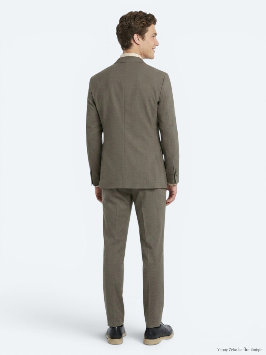 Kahverengi Kareli Modern Fit %100 Yün Takım Elbise - 5